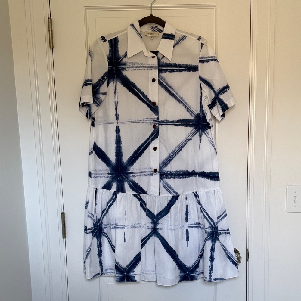 Lafayette 148 New York Troy Shirt Dress with Blue Abstract Print and Drop Waist - Picture 4 of 7